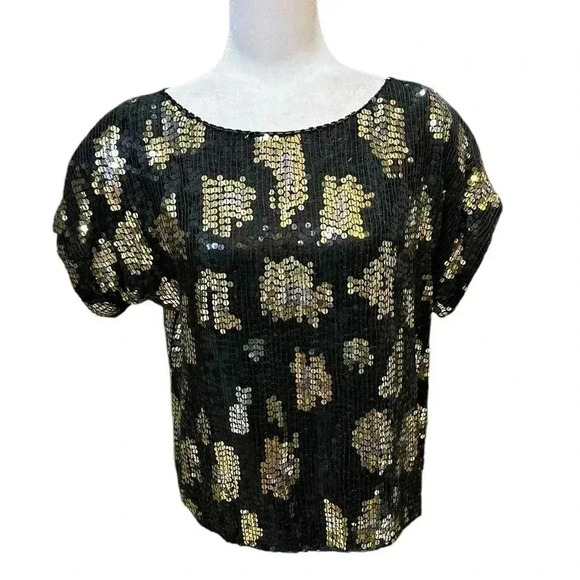 Vtg J. L. B. Beaded Black Leopard Big Cat Spots Sequins Trophy Silk Blouse Large - Picture 5 of 6